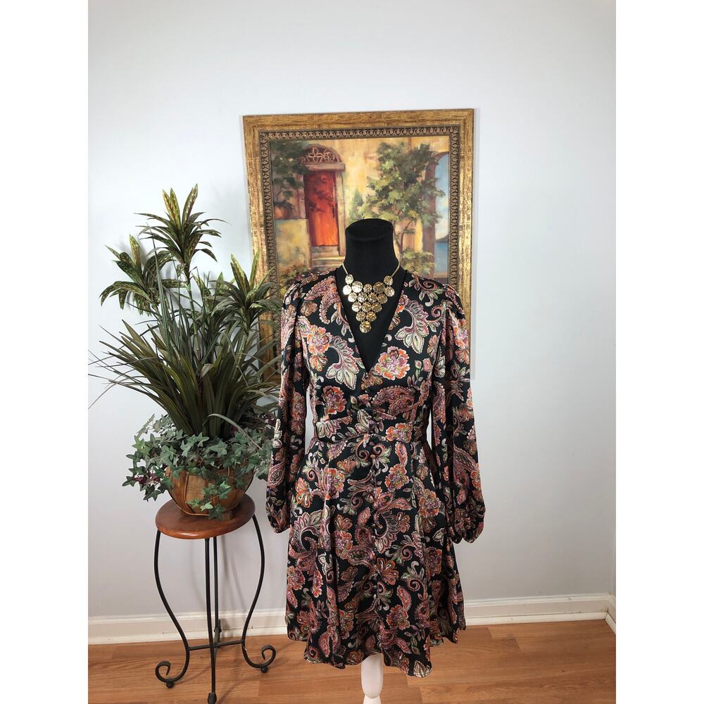 1. State Women 6 long sleeve‎ V-neck mini dress with a paisley print Barbiedoll